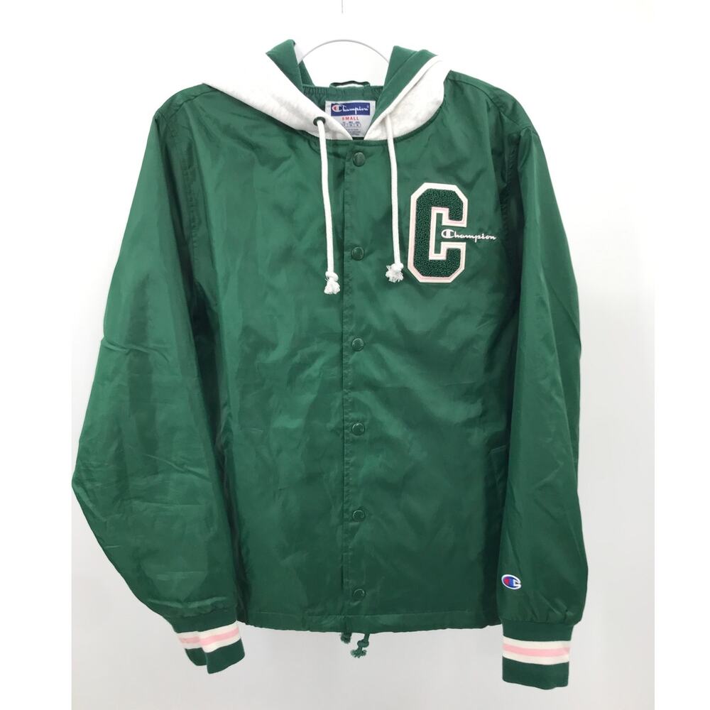 Champion Mens Green Snap Front Hooded Varsity Jacket Size S